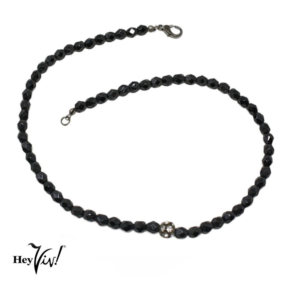 Vintage Single Strand Black Glass Bead & Rhinestone Choker Necklace 17" -Hey Viv